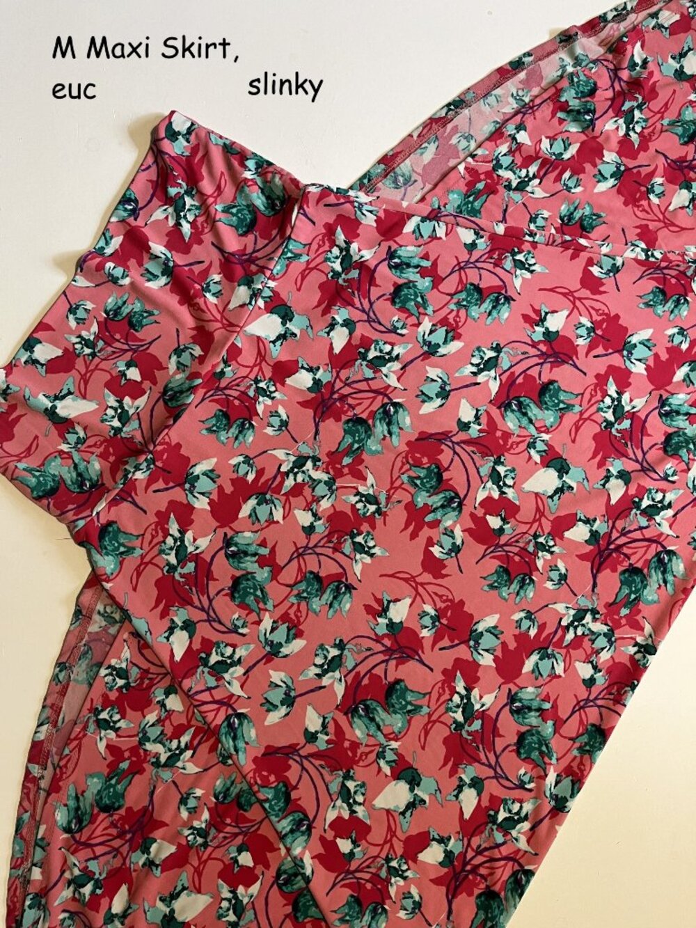 Medium Lularoe Maxi Skirt, pink with red and green flowers, slinky